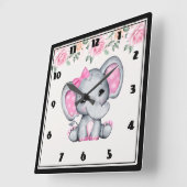 かわいいピンクのベビーゾウ&バラズ スクエア壁時計 (傾斜)