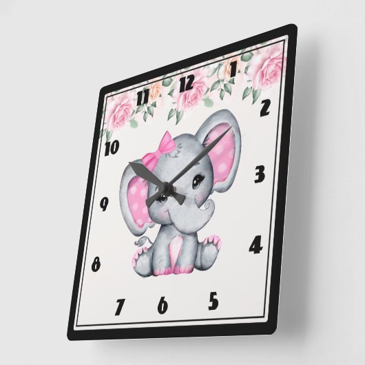 かわいいピンクのベビーゾウ&バラズ スクエア壁時計 (傾斜)