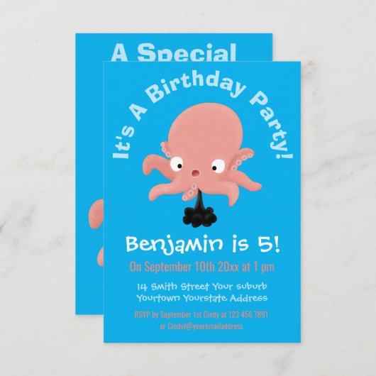 かわいいピンクのベビータコ漫画のユーモア 招待状 (正面/裏面)