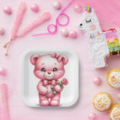 かわいいピンクのベビーテディベアとバラ ペーパープレート (パーティー)