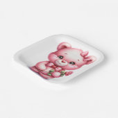 かわいいピンクのベビーテディベアとバラ ペーパープレート (傾斜あり)