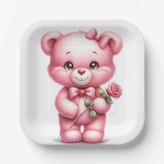 かわいいピンクのベビーテディベアとバラ ペーパープレート (正面)