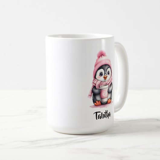 かわいいピンクのペンギンのクリスマスをパーソナライズ コーヒーマグカップ (正面右)