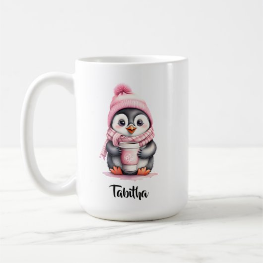 かわいいピンクのペンギンのクリスマスをパーソナライズ コーヒーマグカップ (左)