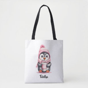 かわいいピンクのペンギンのクリスマスをパーソナライズ トートバッグ
