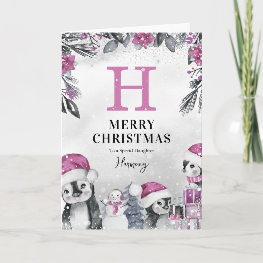 かわいいピンクのペンギンの娘クリスマス カード (正面)