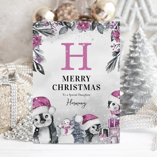 かわいいピンクのペンギンの娘クリスマス カード