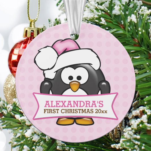 かわいいピンクのペンギンの赤ちゃんの1stクリスマス オーナメント