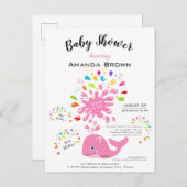 かわいいピンクのホエーカラフルルの女の子ベビーシャワー インビテーションポストカード (正面/裏面)