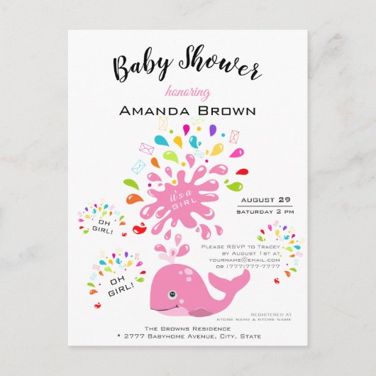 かわいいピンクのホエーカラフルルの女の子ベビーシャワー インビテーションポストカード (正面)