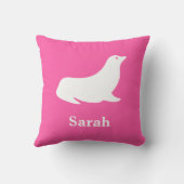 かわいいピンクのホエールシーライオンのホワイトネーム クッション (裏面)