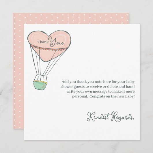 かわいいピンクのホットエアバルーン女の子の赤ちゃんシャワー サンキューカード (正面/裏面)