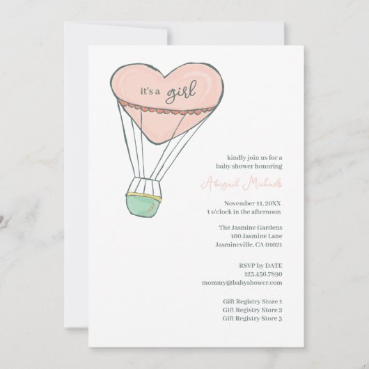 かわいいピンクのホットエアバルーン女の子の赤ちゃんシャワー 招待状 (正面)