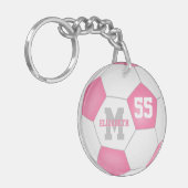 かわいいピンクのホワイトグレーのサッカーバッグラベル キーホルダー (正面左)