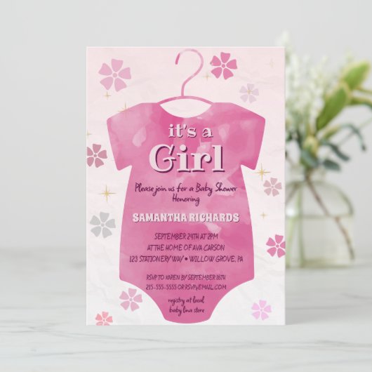 かわいいピンクのボディスーツの赤ちゃんシャワー 招待状 (スタンド正面)