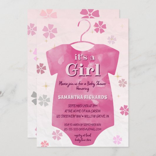 かわいいピンクのボディスーツの赤ちゃんシャワー 招待状 (正面/裏面)