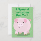 かわいいピンクのポットは豚のパーソナライズされた誕生日 招待状 (裏面)