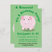 かわいいピンクのポットは豚のパーソナライズされた誕生日 招待状 (正面/裏面)