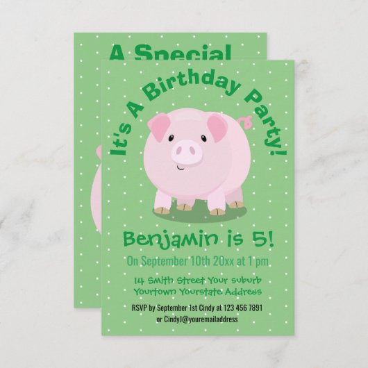 かわいいピンクのポットは豚のパーソナライズされた誕生日 招待状 (正面/裏面)