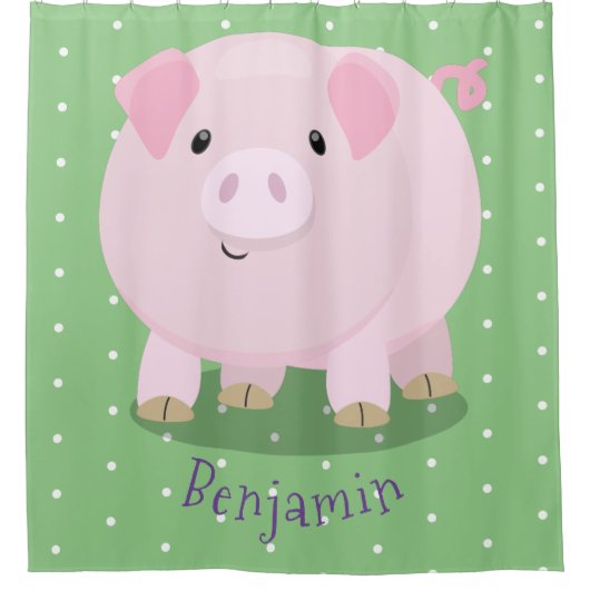 かわいいピンクのポットは豚の漫画イラストレーション シャワーカーテン (正面)