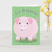 かわいいピンクのポットベリーブタの漫画イラストレーション カード (黄色い花)