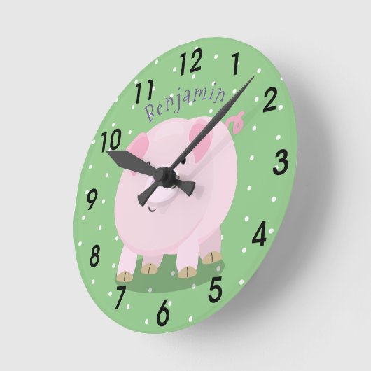 かわいいピンクのポットベリーブタの漫画イラストレーション ラウンド壁時計 (傾斜)