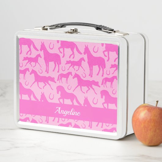 かわいいピンクのポニーと馬のガーリー子供 メタルランチボックス (インサイチュ)