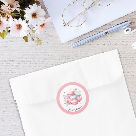 かわいいピンクのマカロンとハート パーソナライズされた ラウンドシール