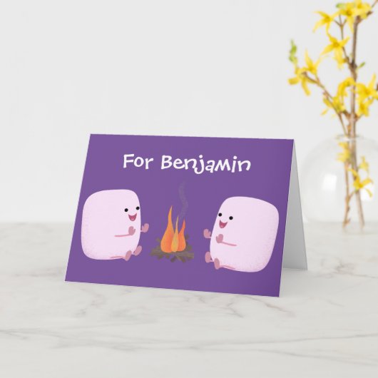 かわいいピンクのマシュマローズバイキャンプファイア漫画 カード (黄色い花)