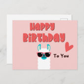 かわいいピンクのメガネをかけたラマの誕生日 ポストカード (正面/裏面)