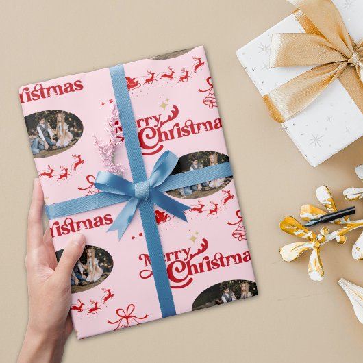 かわいいピンクのメリークリスマスカスタムの写真の贈り物 ラッピングペーパー