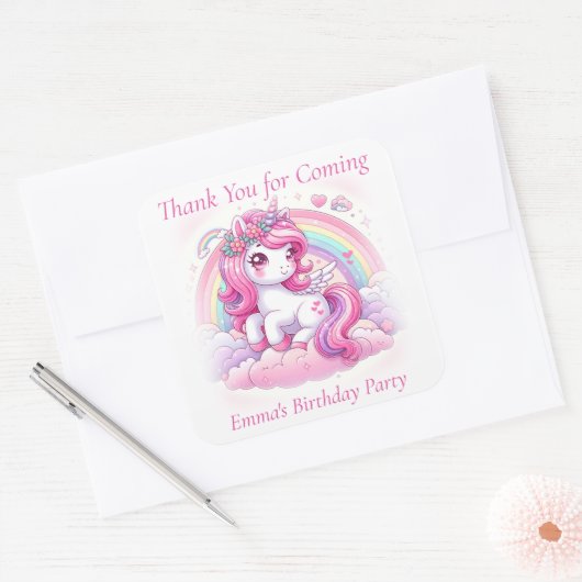 かわいいピンクのユニコーンかわいらしありがとう スクエアシール (封筒)