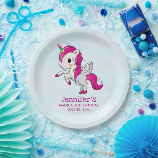 かわいいピンクのユニコーンとウィングス誕生日 ペーパープレート (パーティー)