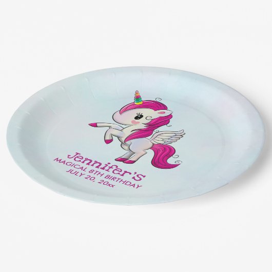 かわいいピンクのユニコーンとウィングス誕生日 ペーパープレート (アングル)