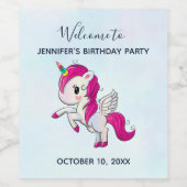 かわいいピンクのユニコーンとウィングス誕生日 ワインラベル (シングルラベル)