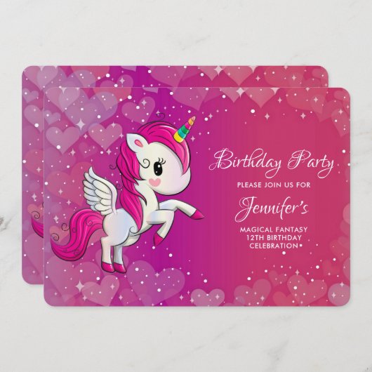 かわいいピンクのユニコーンとウィングス誕生日 招待状 (正面/裏面)