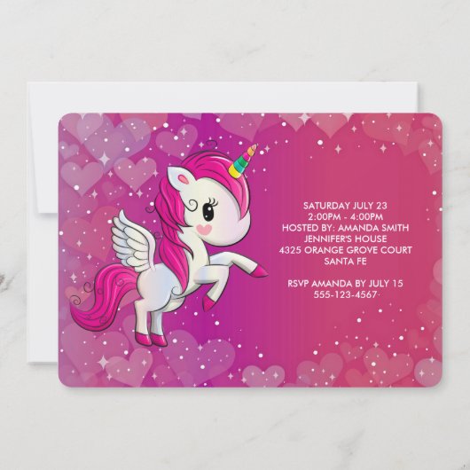 かわいいピンクのユニコーンとウィングス誕生日 招待状 (裏面)