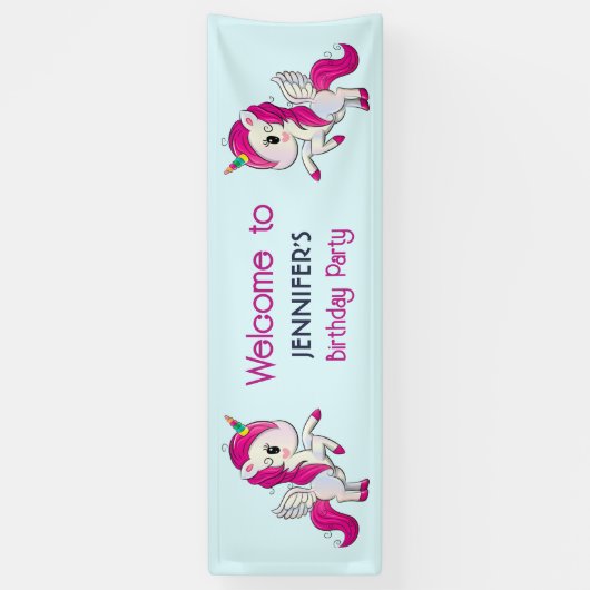 かわいいピンクのユニコーンとウィングス誕生日 横断幕 (縦)