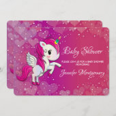 かわいいピンクのユニコーンとウィングス赤ちゃんシャワー 招待状 (正面/裏面)
