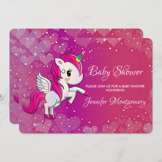 かわいいピンクのユニコーンとウィングス赤ちゃんシャワー 招待状 (正面/裏面)