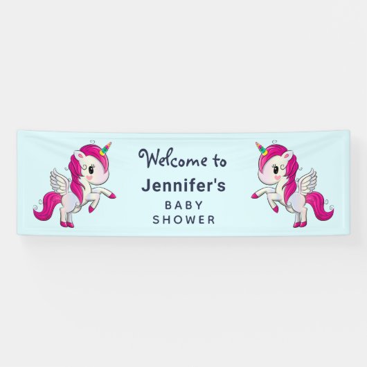 かわいいピンクのユニコーンとウィングス赤ちゃんシャワー 横断幕 (横)