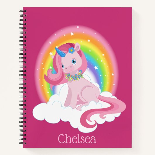 かわいいピンクのユニコーンとレインボーパーソナライズされた ノートブック (正面)