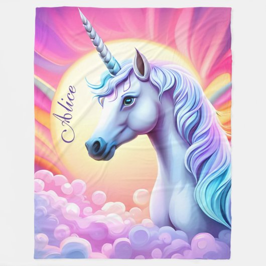 かわいいピンクのユニコーンと名前シェルパブランケット フリースブランケット (正面)