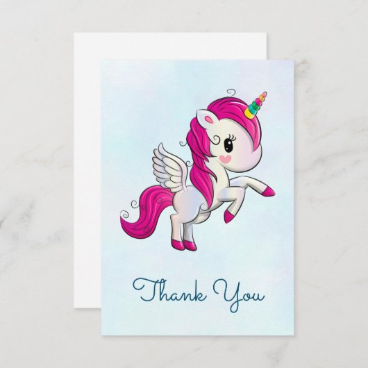 かわいいピンクのユニコーンと翼ありがとう サンキューカード (正面/裏面)