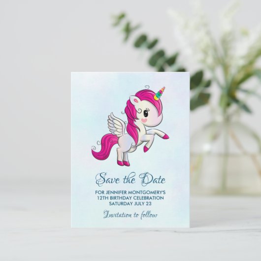 かわいいピンクのユニコーンと翼がデートを救う ポストカード (スタンド正面)