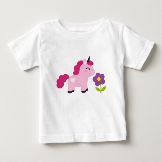 かわいいピンクのユニコーンと花 ベビーTシャツ (正面)