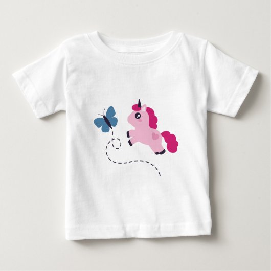 かわいいピンクのユニコーンと蝶 ベビーTシャツ (正面)