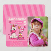 かわいいピンクのユニコーンの写真の誕生日パーティー 招待状 (正面/裏面)