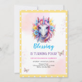 かわいいピンクのユニコーンの子ども4歳の誕生日 招待状 (正面)