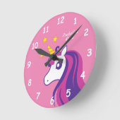 かわいいピンクのユニコーンの子供の寝室の子供部屋部屋 ラウンド壁時計 (傾斜)